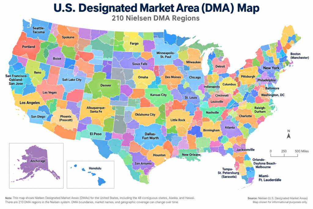 U.S. Designated Market Area (DMA) map showing Nielsen television markets
