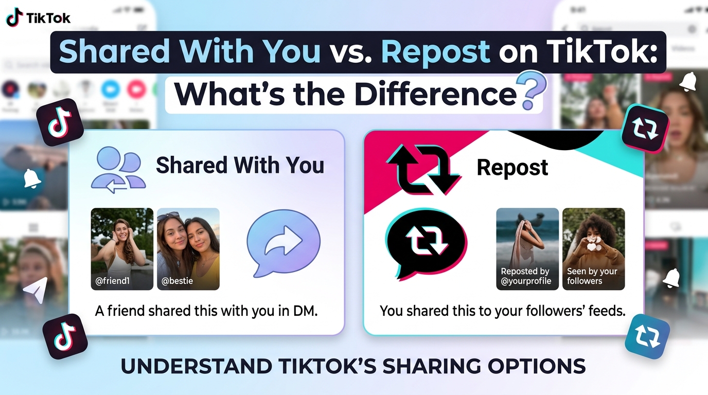 Comparison graphic titled "Shared With You vs. Repost on TikTok: What's the Difference?" explaining private DM sharing versus public reposting.