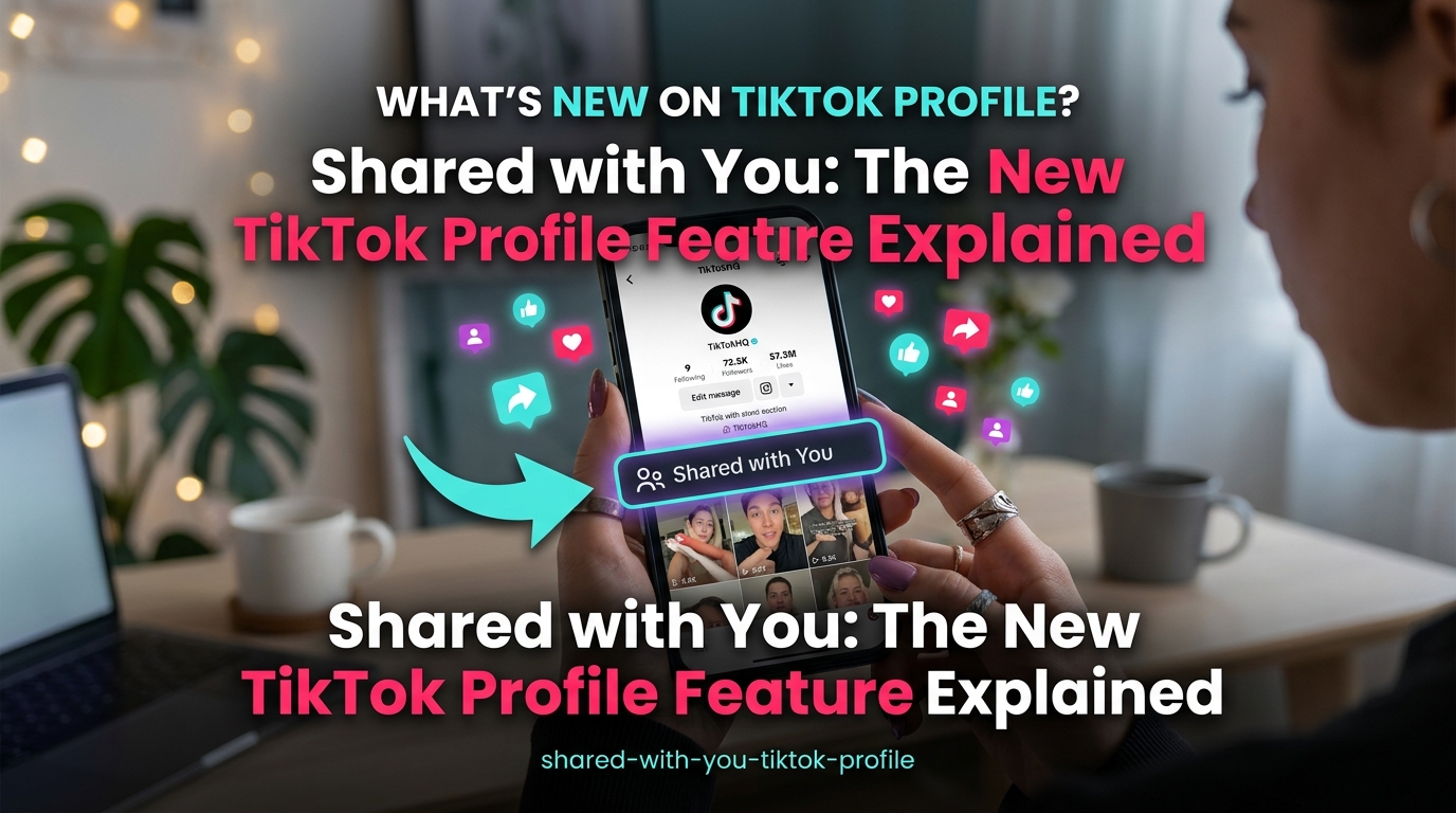 Article banner titled "Shared with You: The New TikTok Profile Feature Explained" showing a user holding a smartphone with a TikTok profile open.