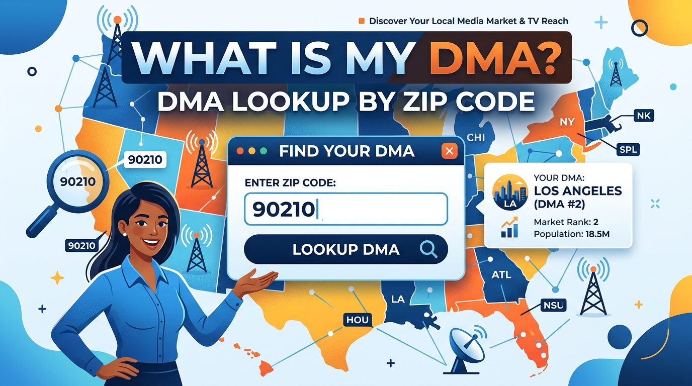 Illustration for "What Is My DMA? DMA Lookup by ZIP Code" showing a US map, ZIP code search bar, and media market data.