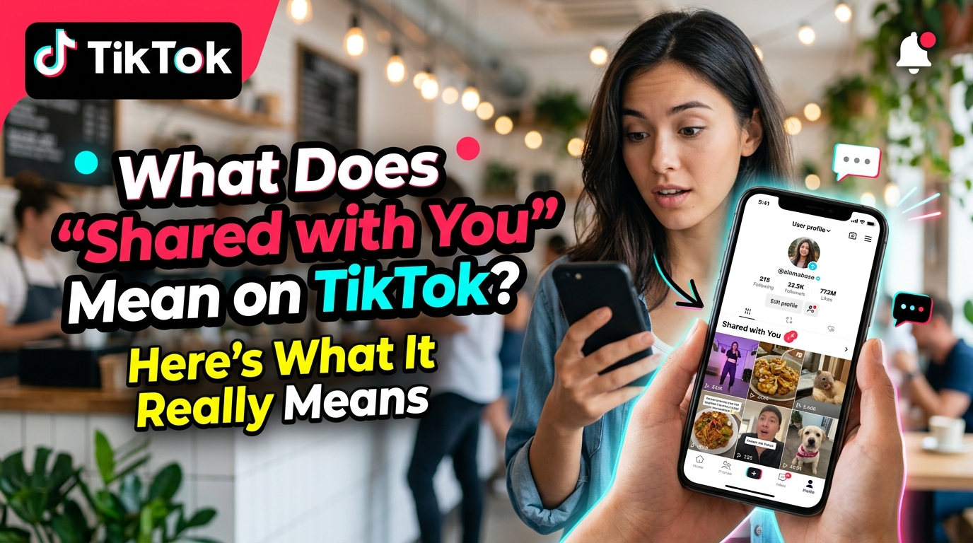 Article banner titled "What Does 'Shared with You' Mean on TikTok?", featuring a woman looking at a TikTok profile page on her smartphone.