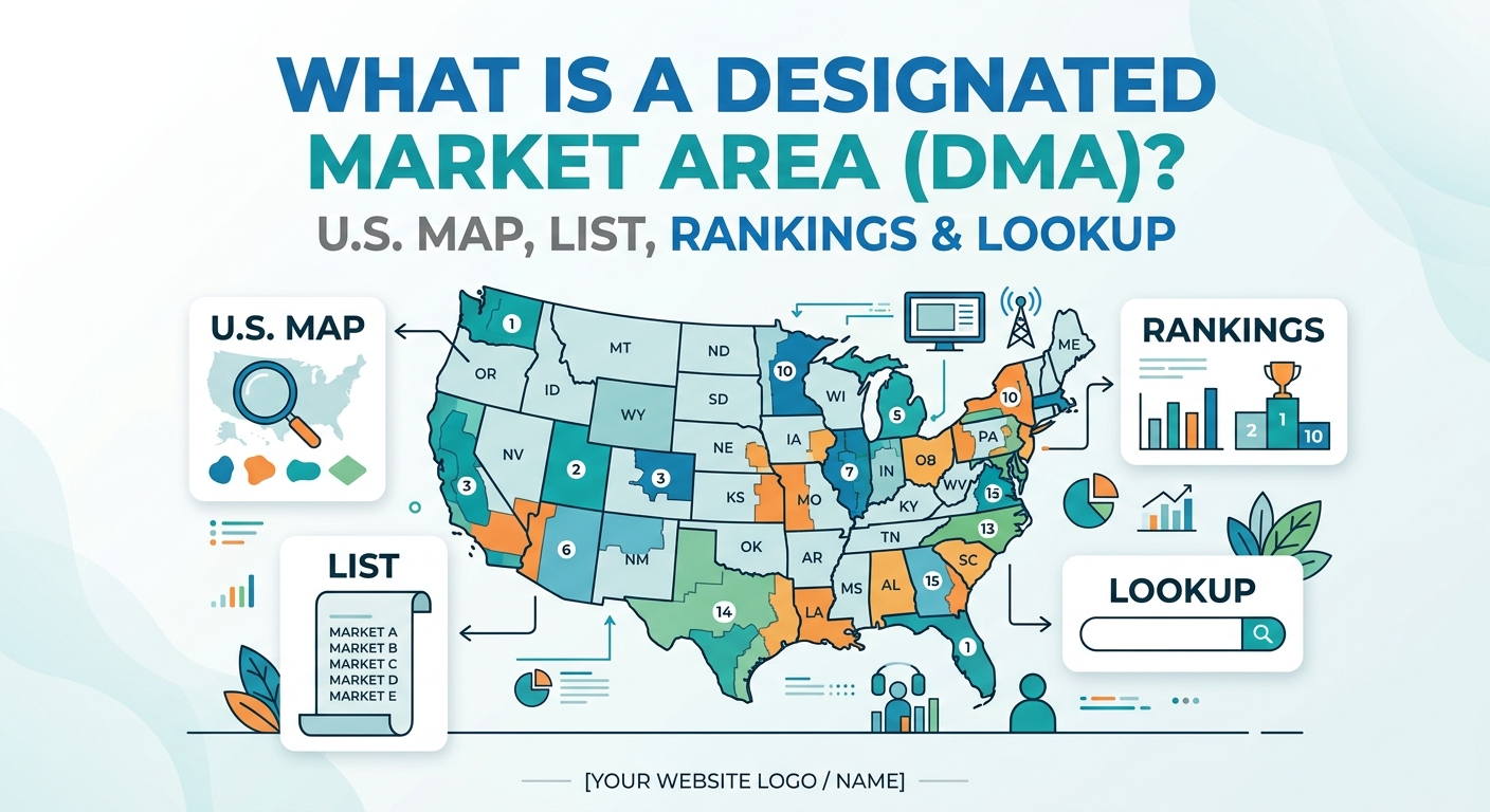 Graphic for Designated Market Area (DMA) article featuring a US map, rankings, list, and lookup search bar.